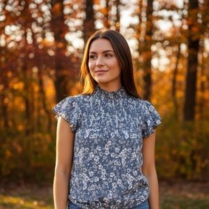 NWT BigTrike Floral Smocked Mock Neck Blouse Shirt Top Chiffon Lightweight Sz M